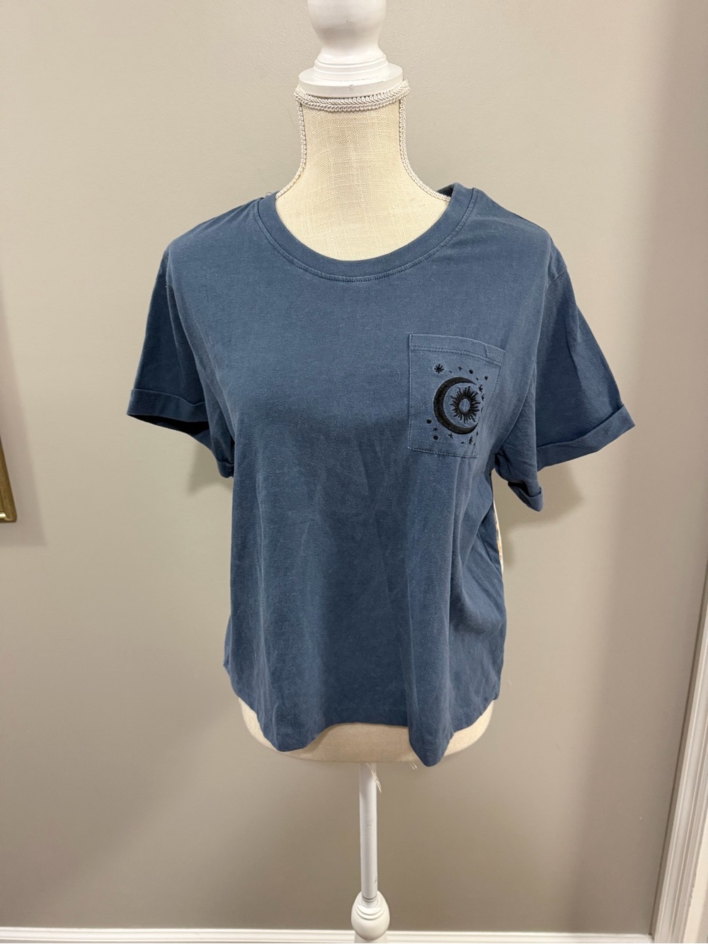 Women's Short Sleeve Pocket Tee "Stay Positive Stay Blessed" in Dusty Blue XL